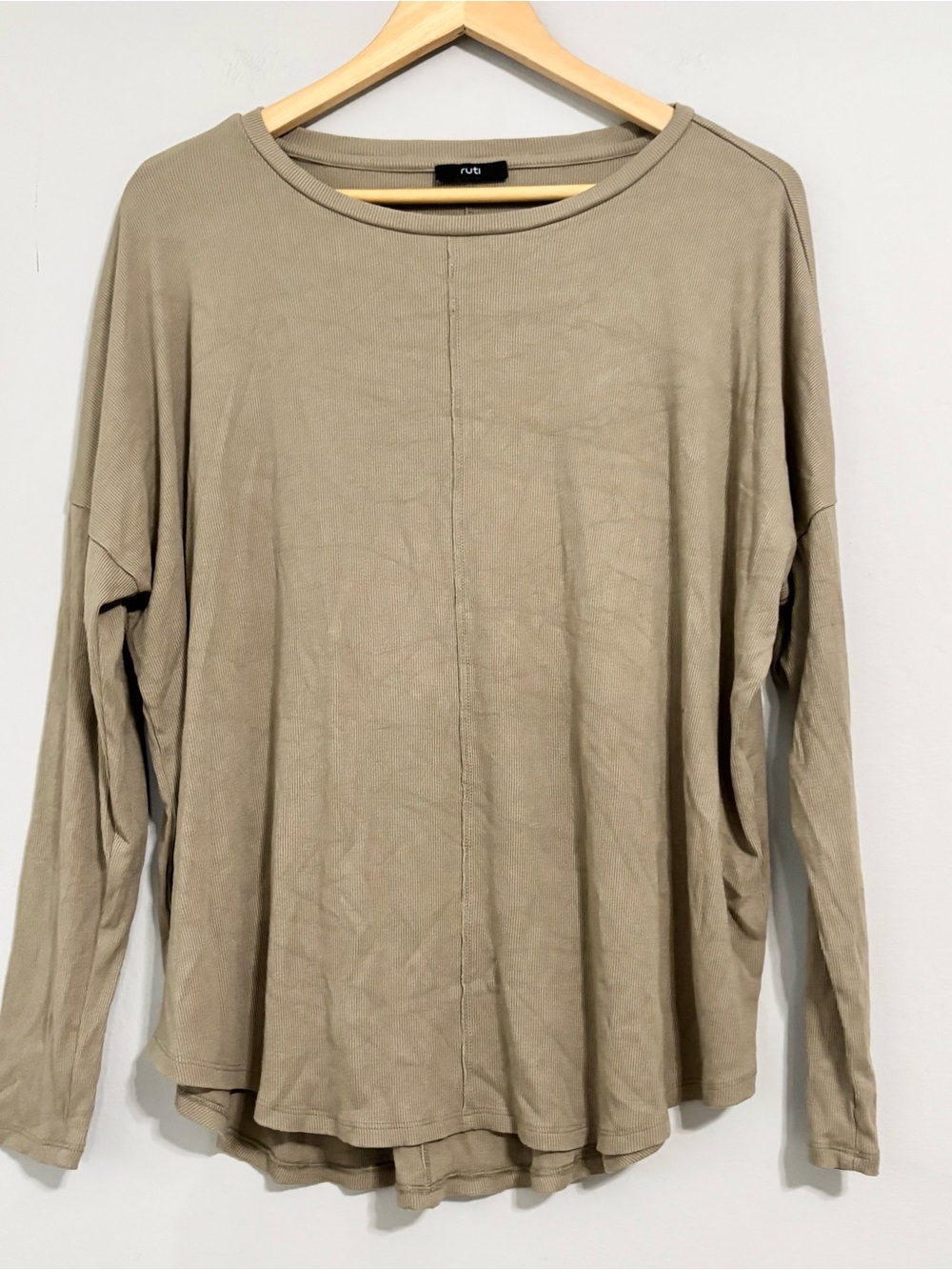 RUTI Tan Beige Ribbed Long Sleeve Crewneck Blouse